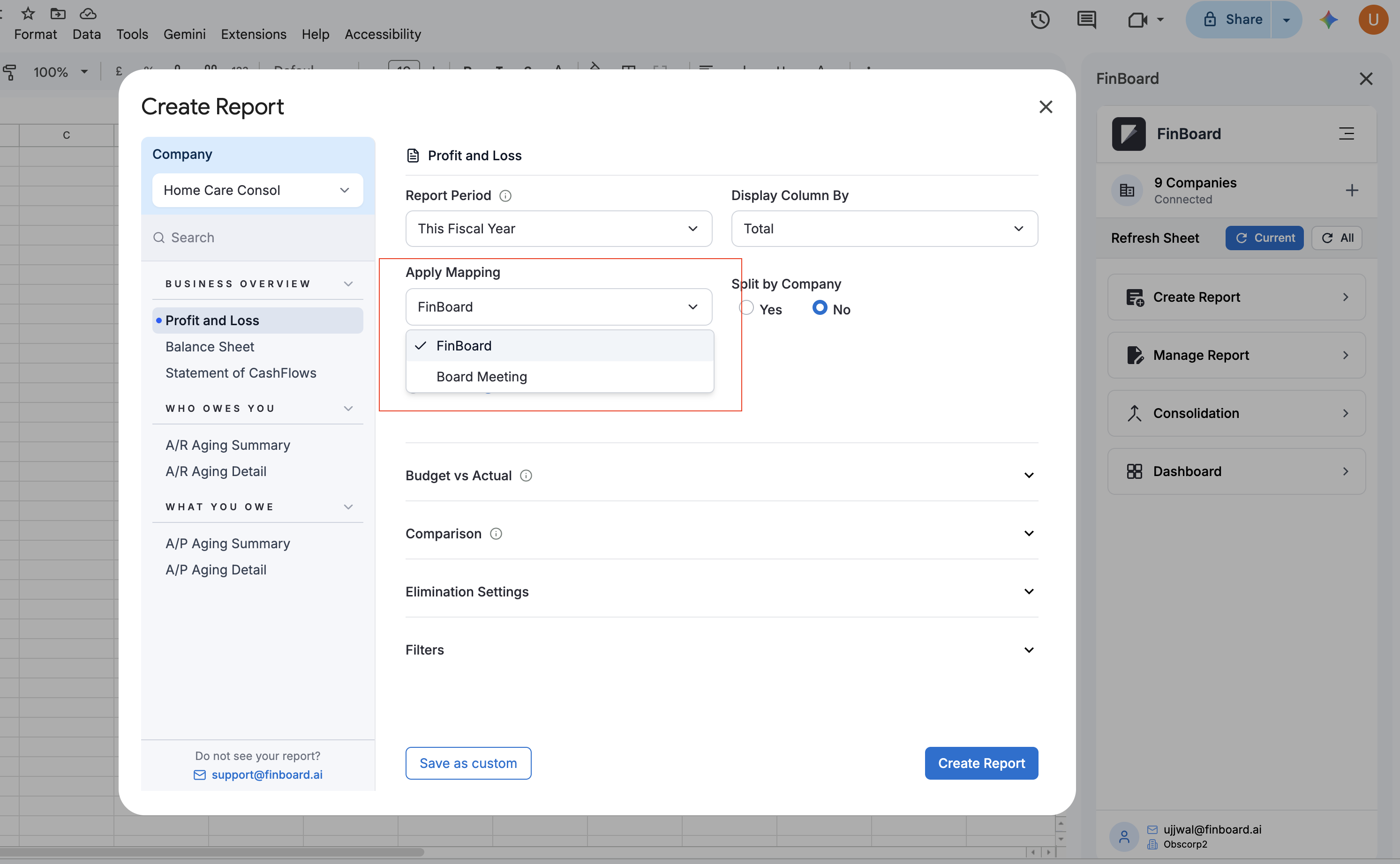 The Create Report dialog in the FinBoard plugin, with the Apply Mapping dropdown open