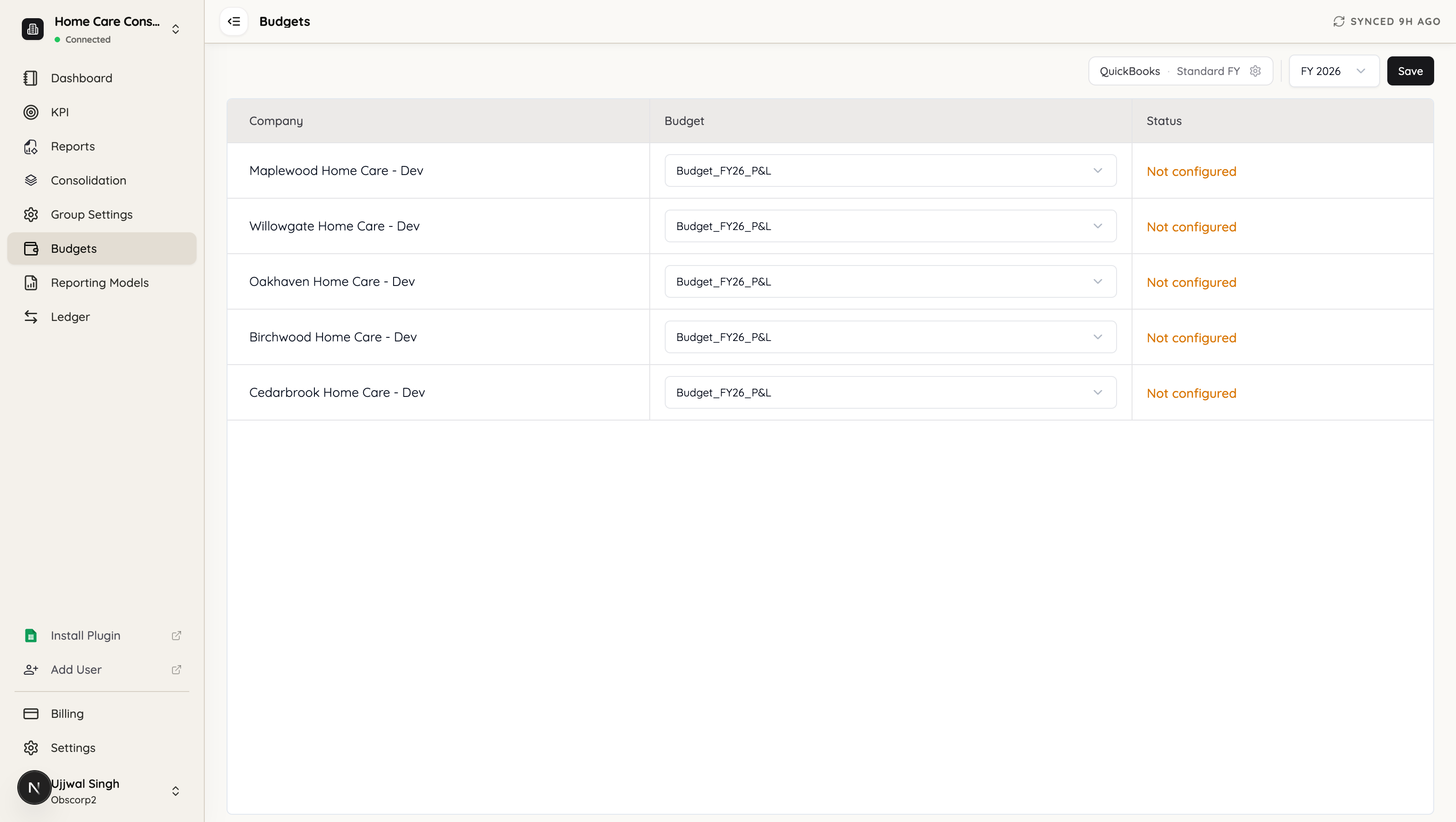 The consolidated budget screen, one row per entity with a budget selector and a status