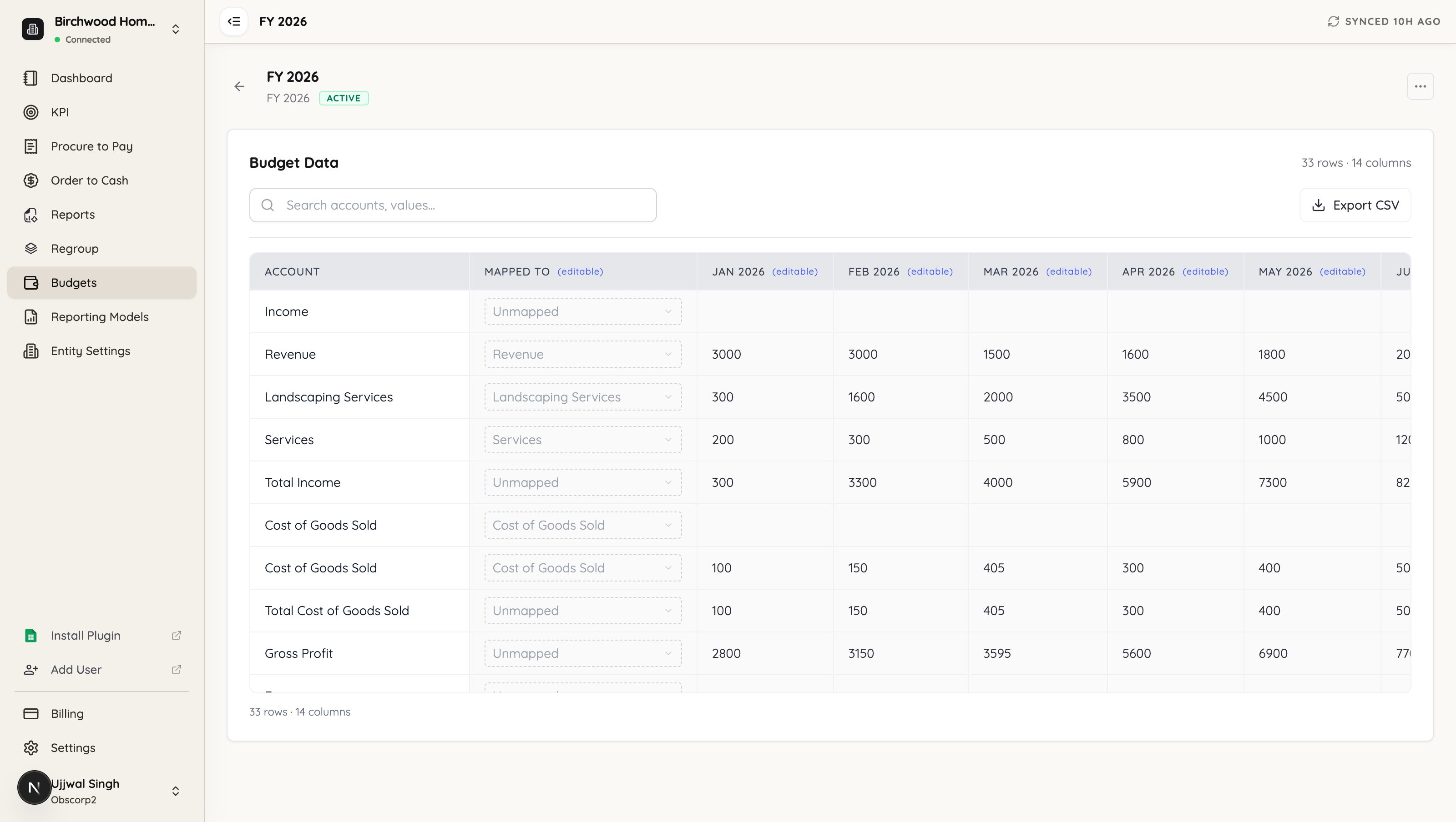 The budget grid, with an Account column, an editable Mapped To column, and a column per month