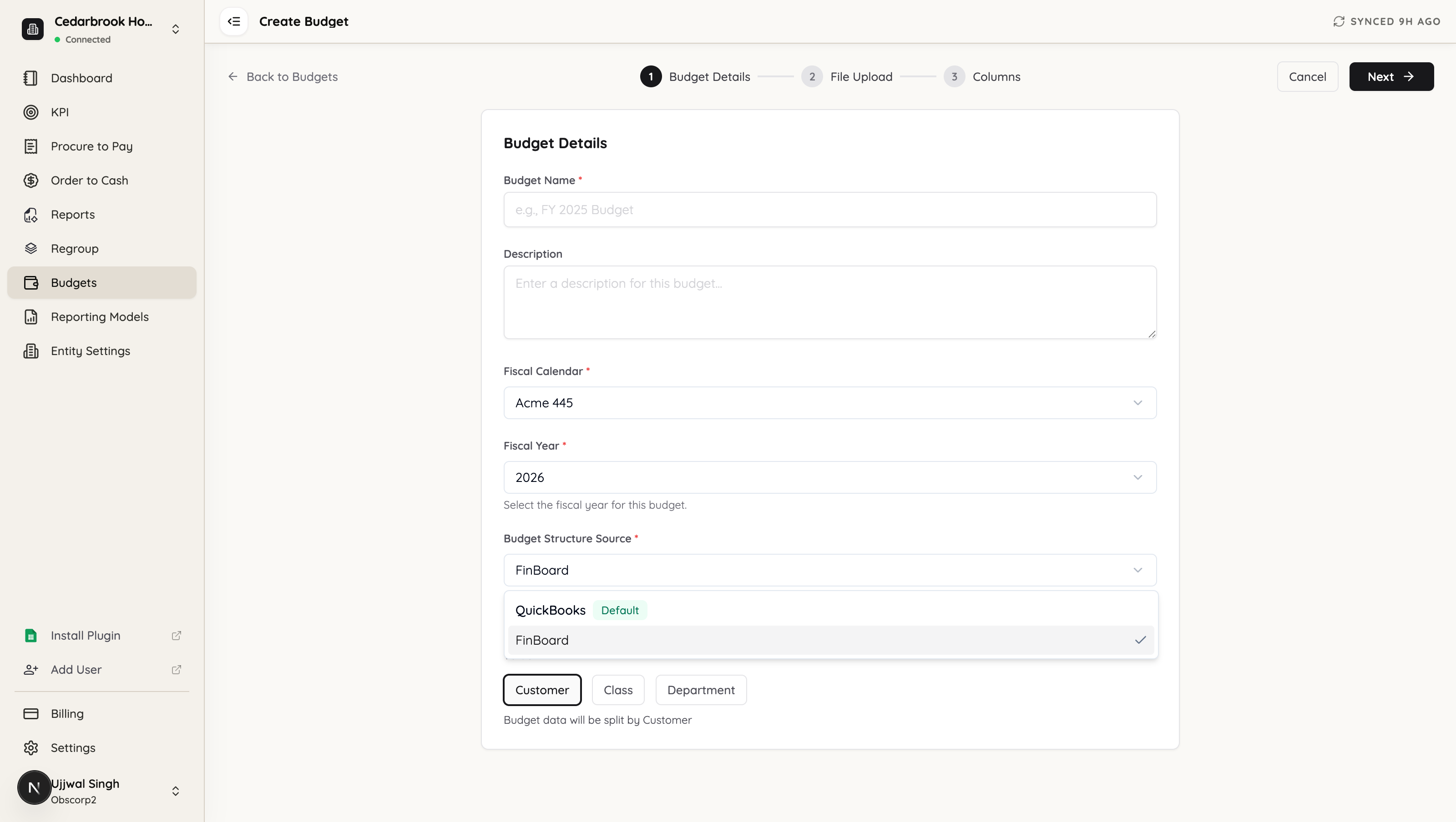 The Budget Structure Source dropdown showing QuickBooks (Default) and FinBoard