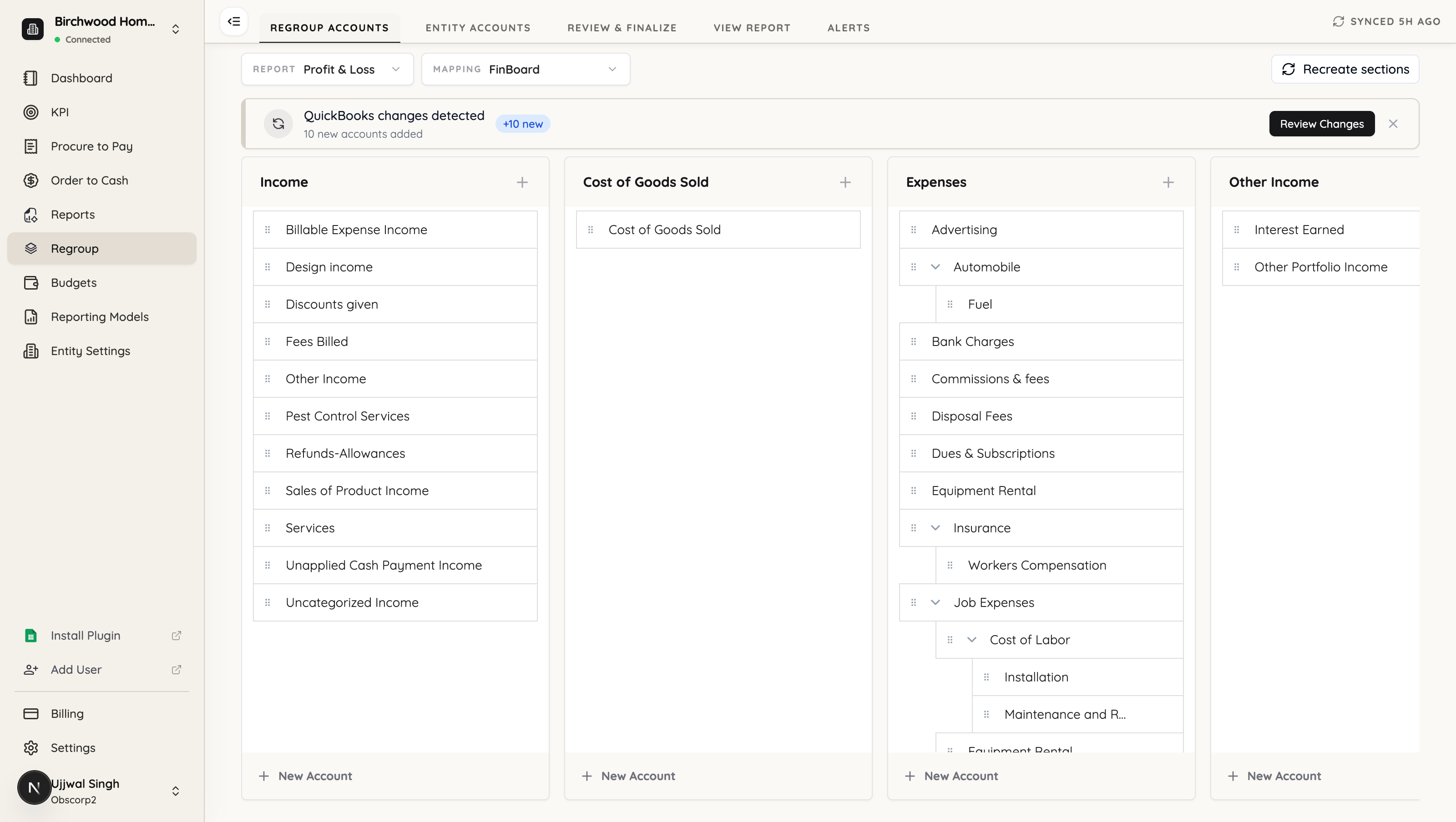 The QuickBooks changes detected banner above the mapping, with a Review Changes action