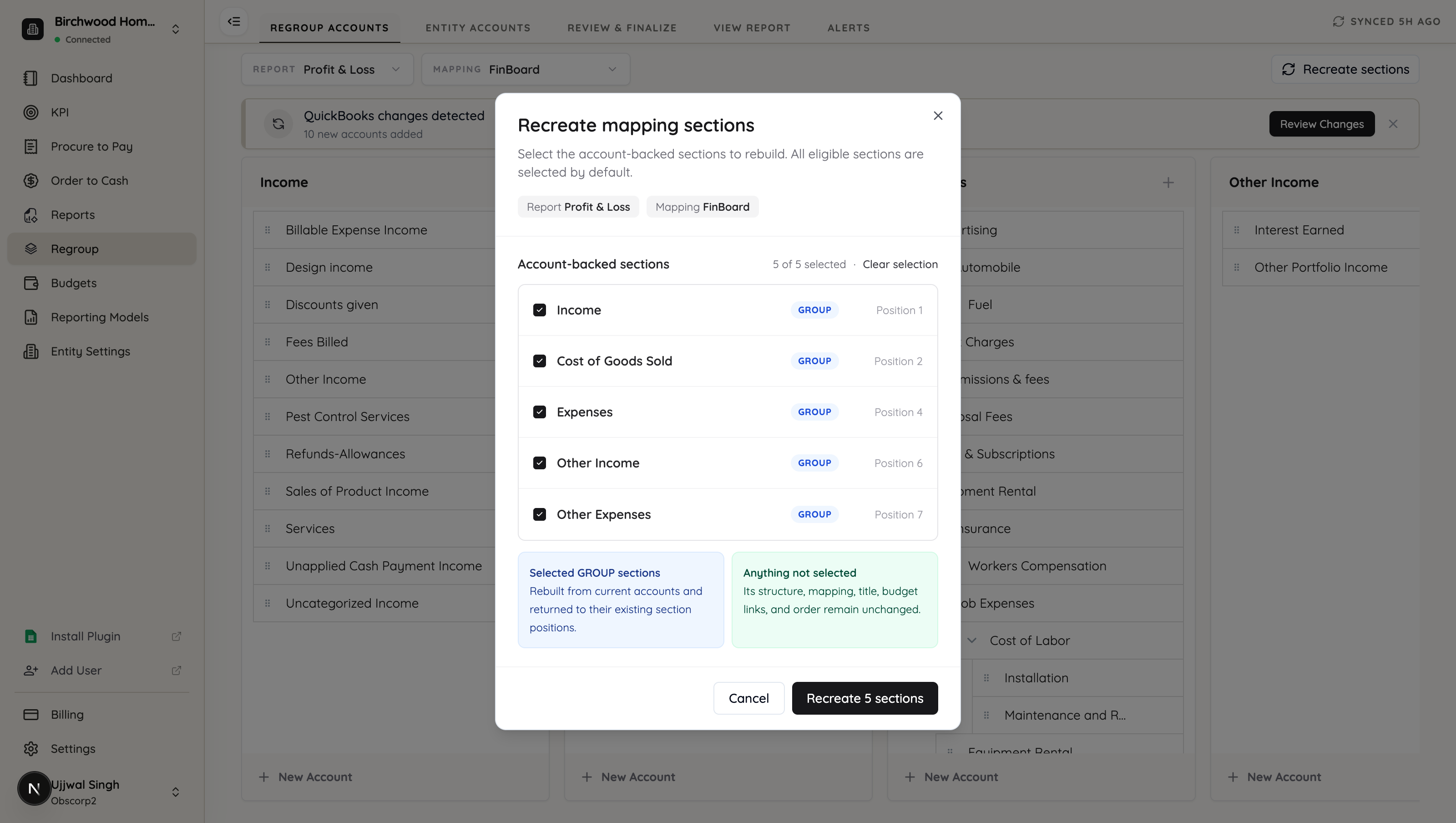 The Recreate mapping sections dialog with all five sections selected