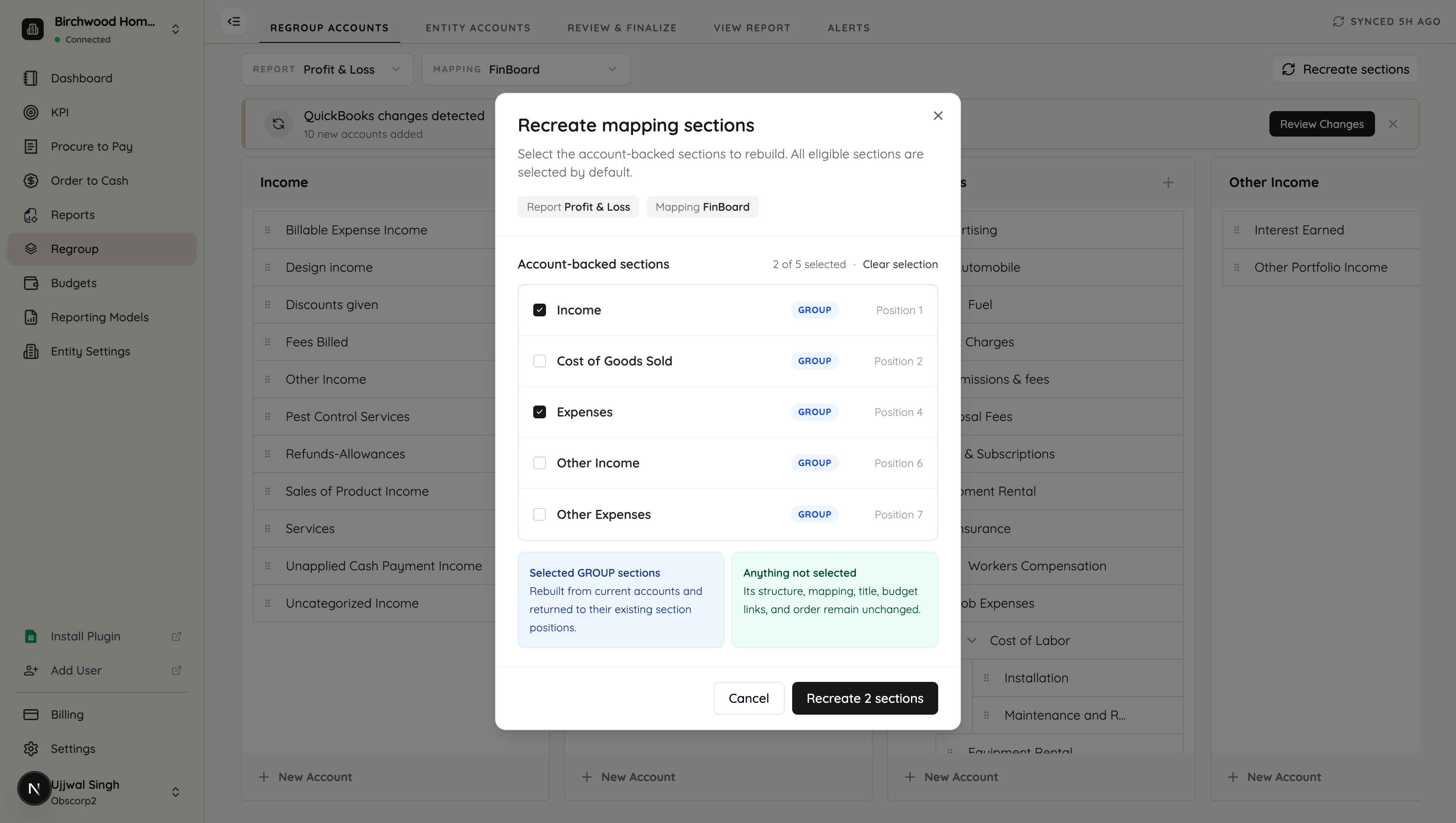 The same dialog with two of five sections selected