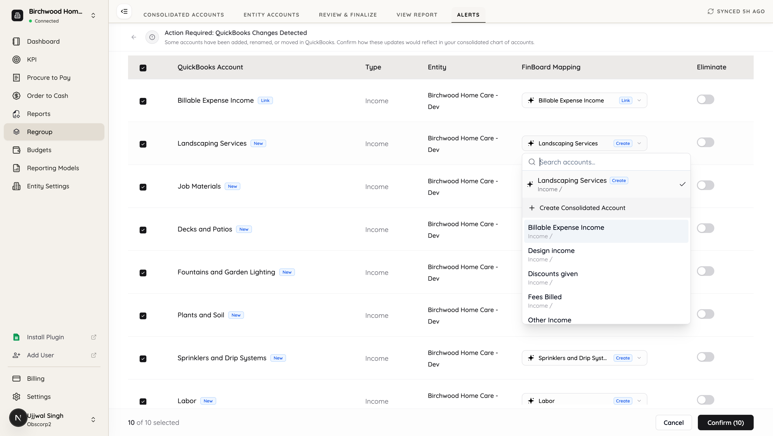 The mapping dropdown for one account, showing the suggestion, an option to create an account, and existing groups to map into