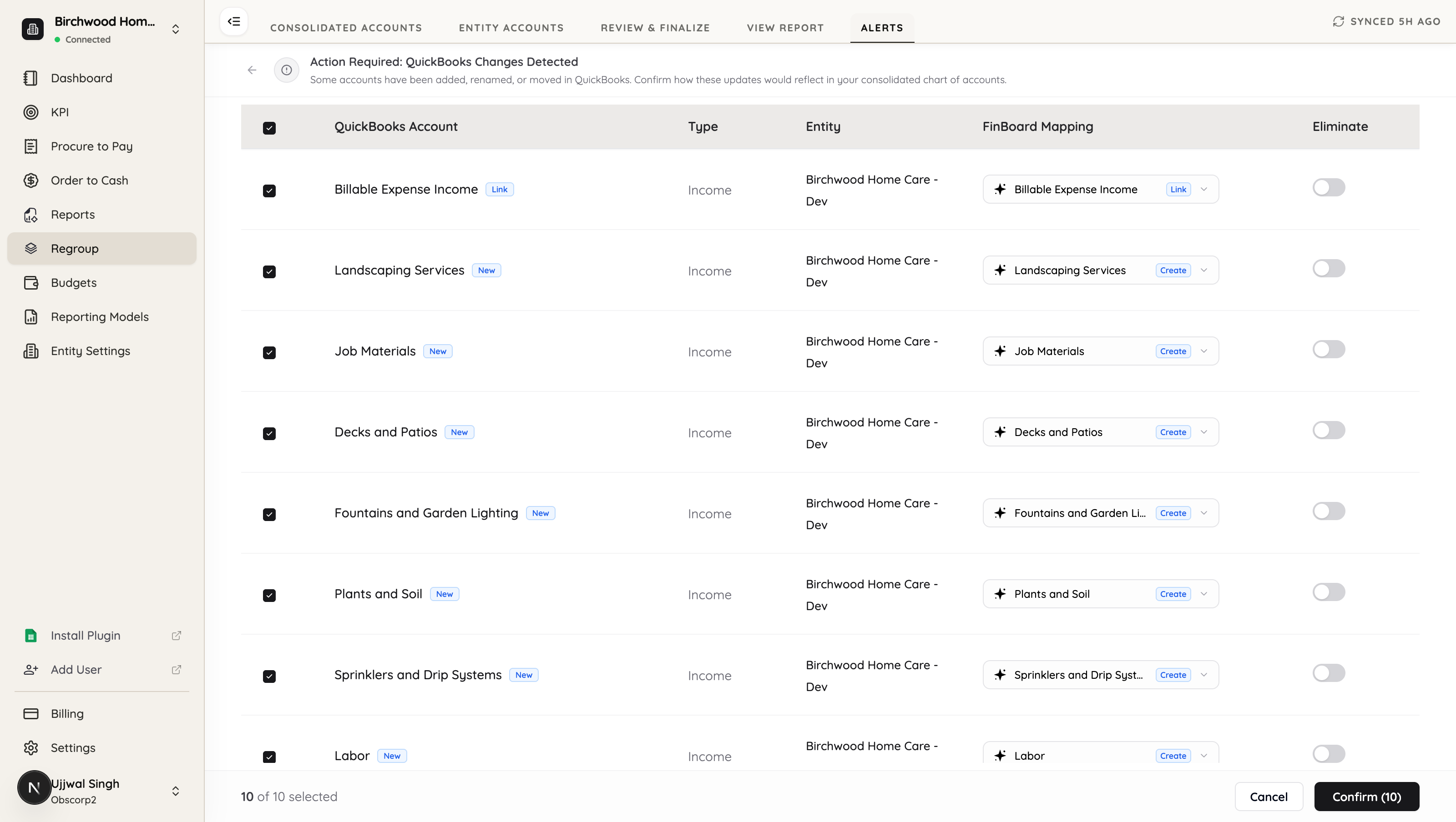 The review screen listing each changed account with a suggested FinBoard mapping