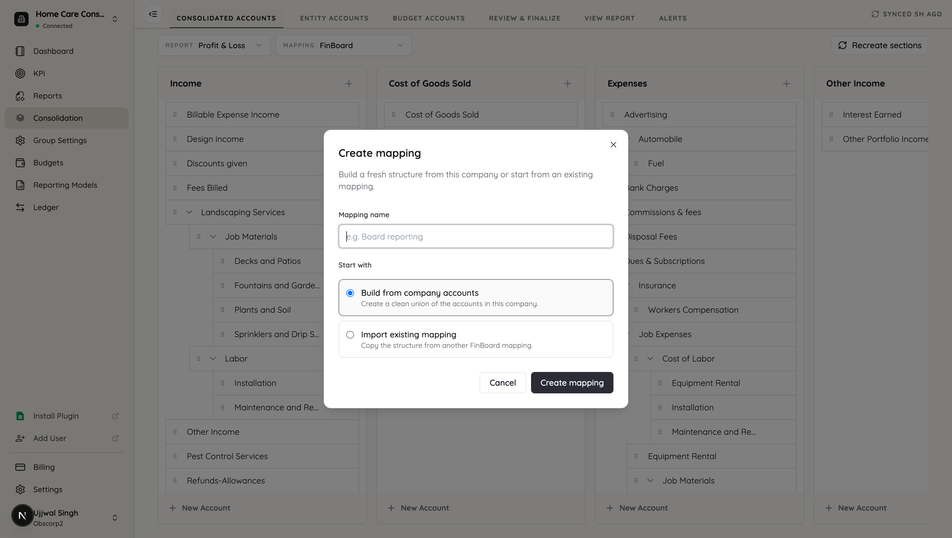 The Create mapping dialog, with a name field and two starting points
