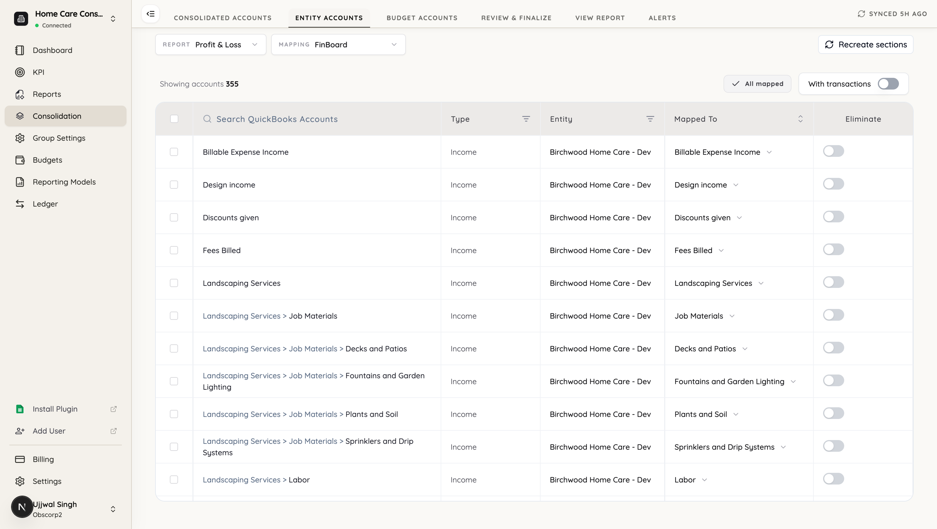 The Entity Accounts tab, showing QuickBooks accounts and the group each is mapped to
