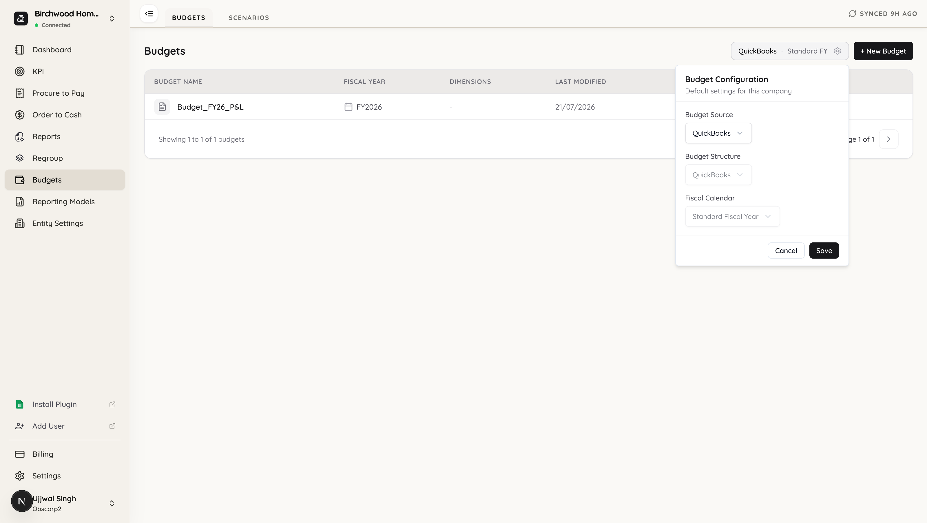 The Budget Configuration panel with source set to QuickBooks