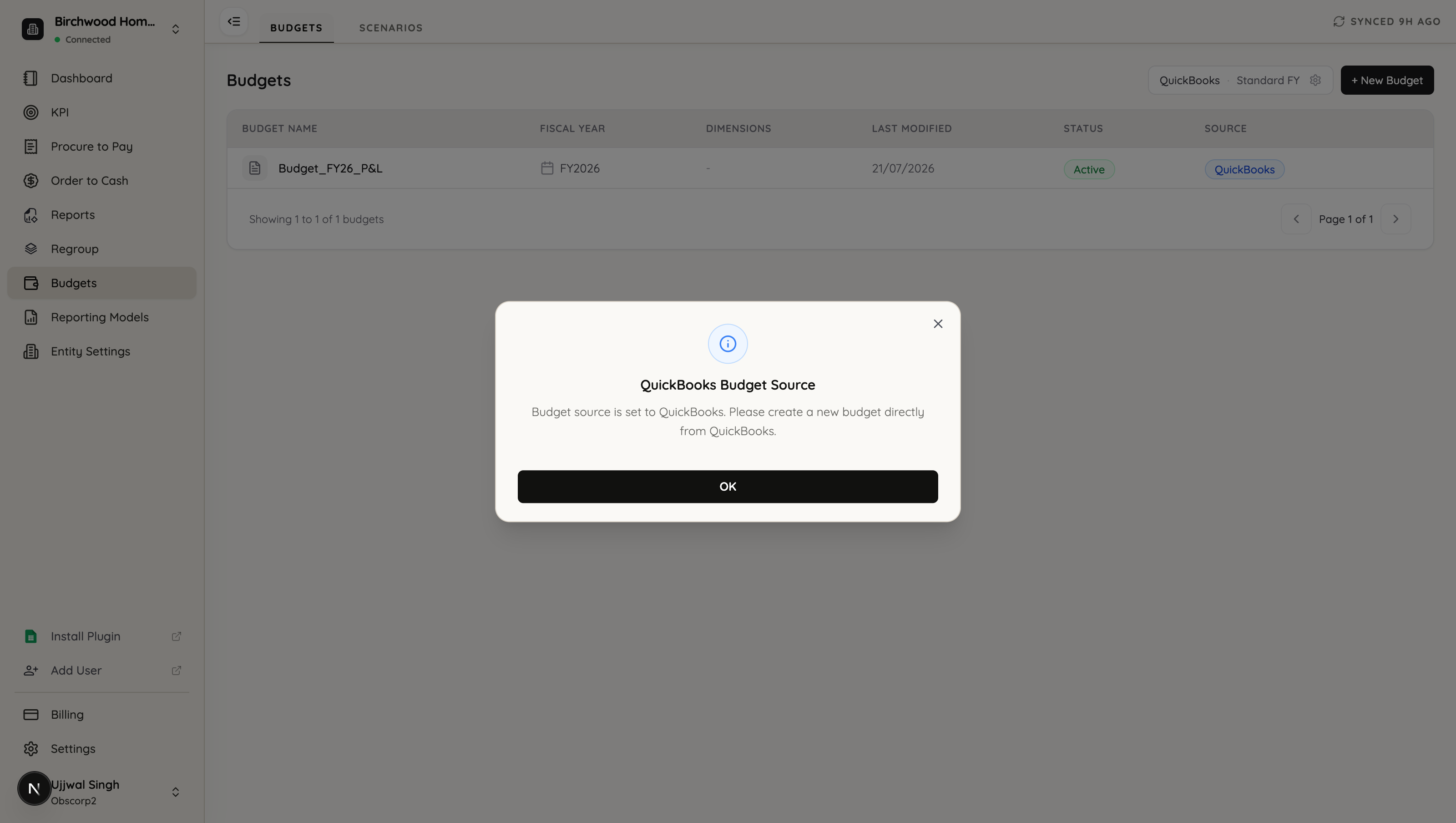 A dialog explaining that the budget source is set to QuickBooks