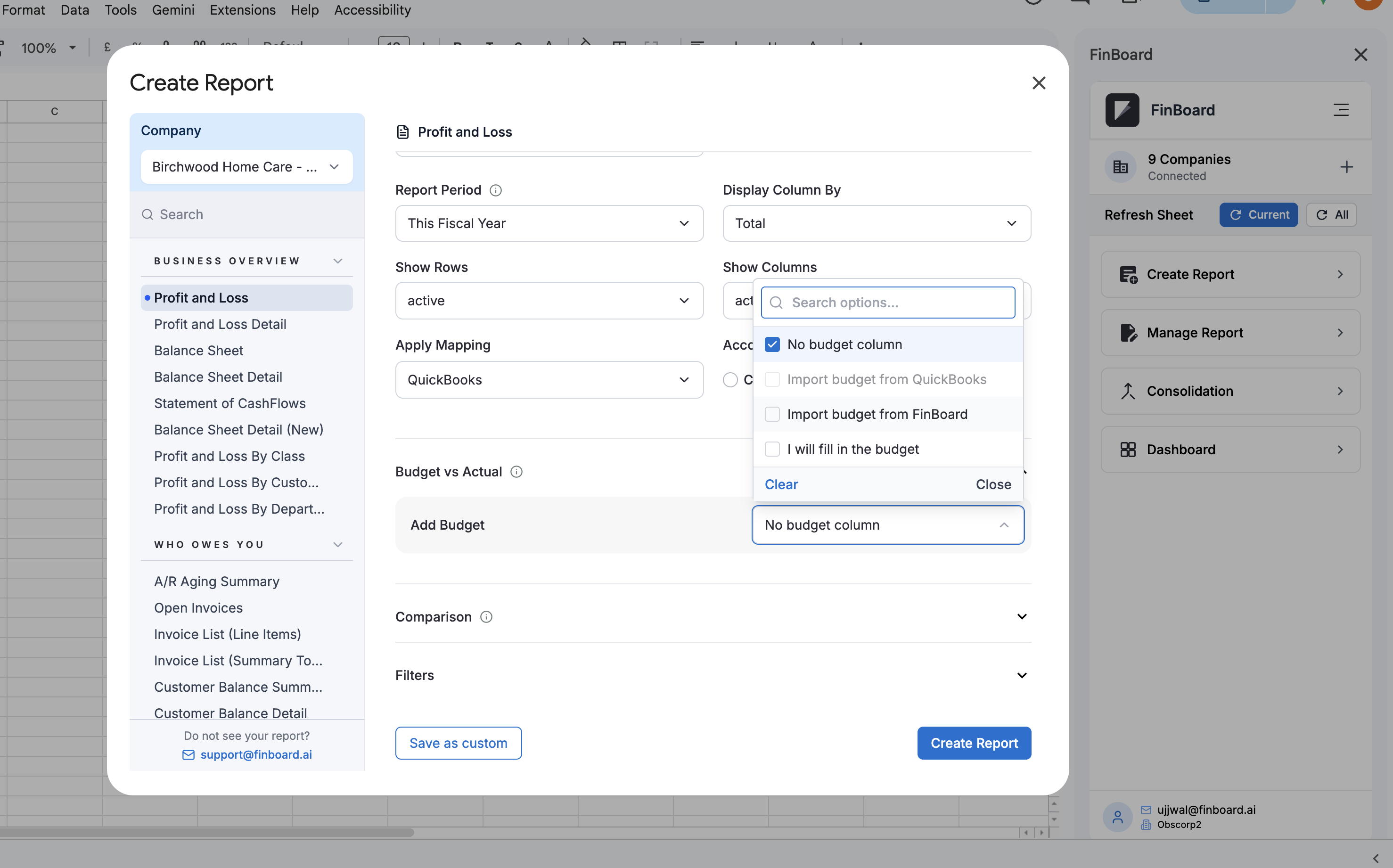 The Add Budget dropdown showing the four options